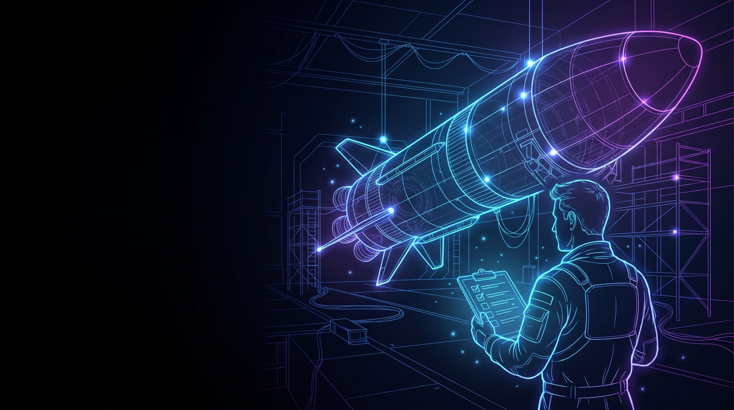 Wireframe-Rakete im Hangar mit Ingenieur und Checkliste
