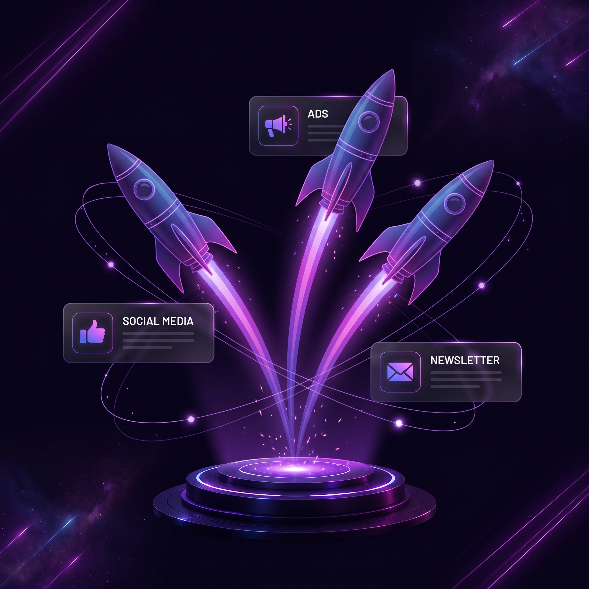 Drei startende Booster-Raketen mit Glaskarten Social Media, Ads und Newsletter