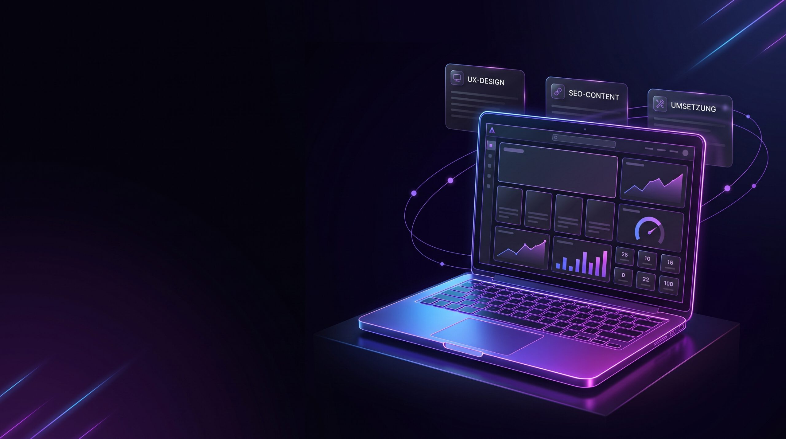 Leuchtender Laptop mit Wireframe-Dashboard, umgeben von Glaskarten UX-Design, SEO-Content und Umsetzung