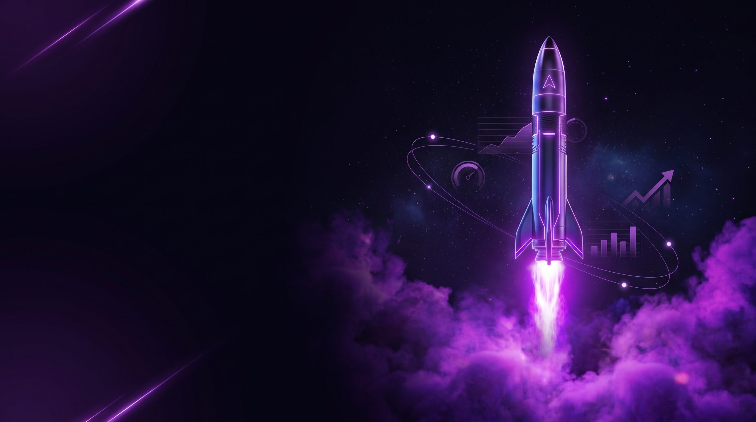 Violette Rakete steigt entlang eines Balken-Charts nach oben